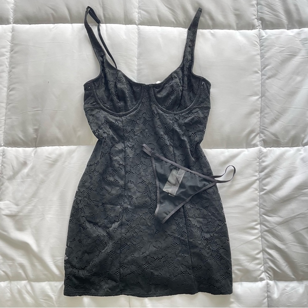 Black Lace Lingerie Set with matching Slip Dress and G String